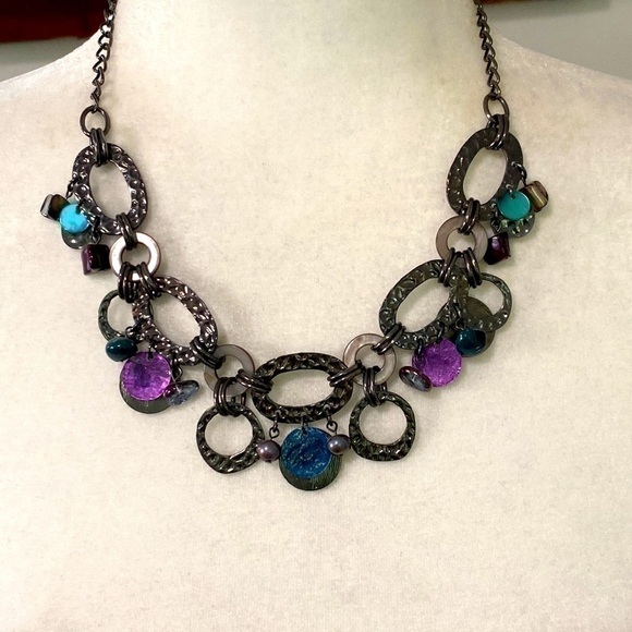 Edgy Gunmetal Hammered Textured Loop Linked Chain Necklace Purple Teal Vintage - Picture 5 of 16